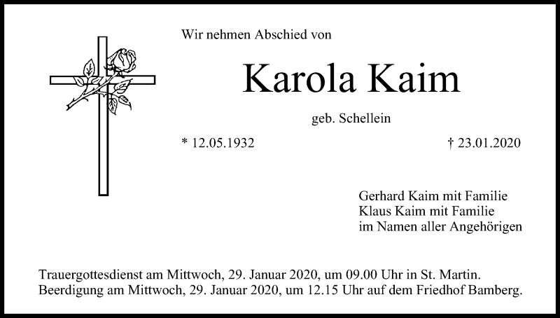  Traueranzeige für Karola Kaim vom 28.01.2020 aus MGO