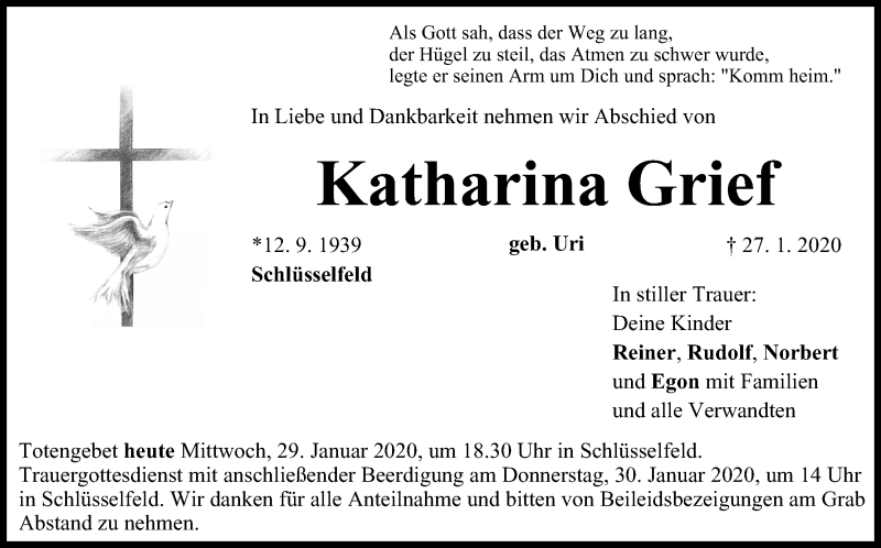  Traueranzeige für Katharina Grief vom 29.01.2020 aus MGO