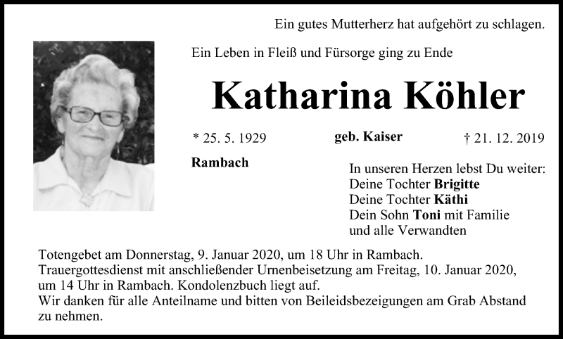  Traueranzeige für Katharina Köhler vom 08.01.2020 aus MGO