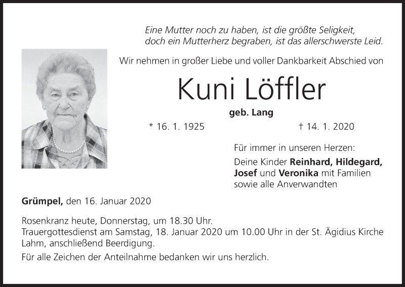  Traueranzeige für Kuni Löffler vom 16.01.2020 aus MGO