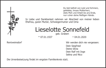 Anzeige von Lieselotte Sonnefeld von MGO