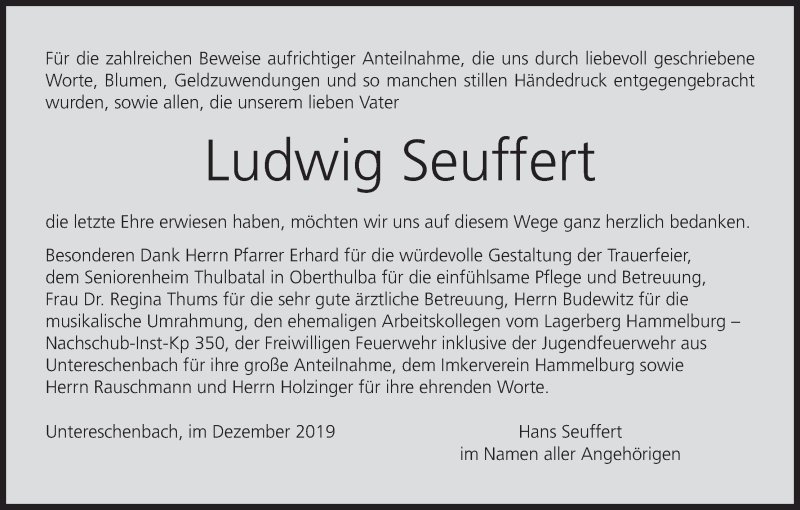  Traueranzeige für Ludwig Seuffert vom 11.01.2020 aus MGO
