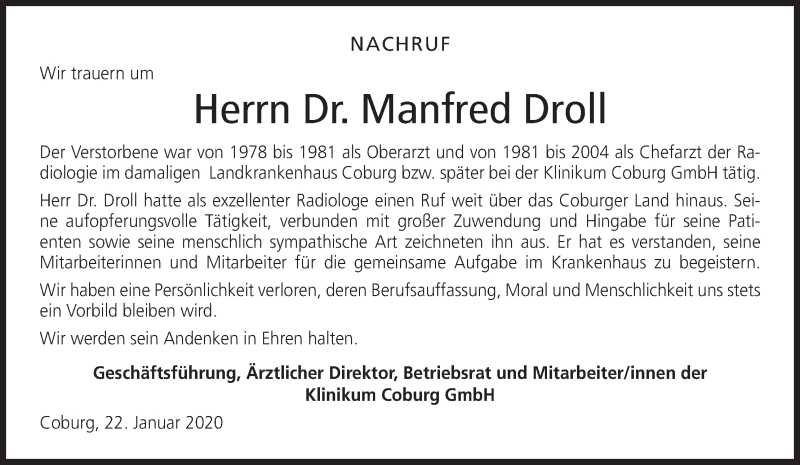  Traueranzeige für Manfred Droll vom 25.01.2020 aus MGO