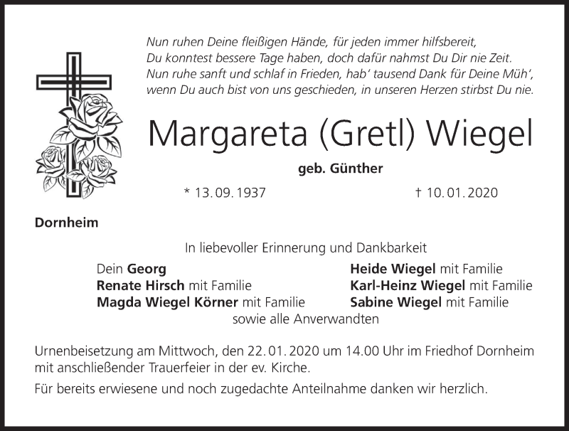  Traueranzeige für Margareta Gretl Wiegel vom 18.01.2020 aus MGO