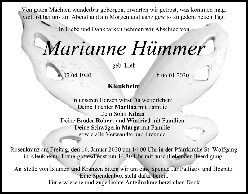  Traueranzeige für Marianne Hümmer vom 08.01.2020 aus MGO