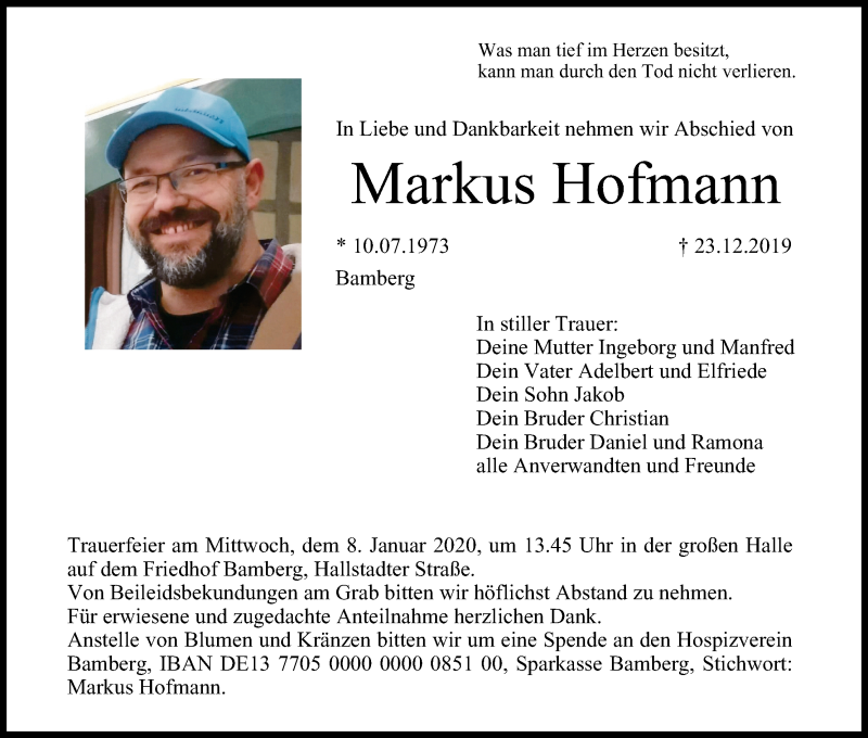  Traueranzeige für Markus Hofmann vom 04.01.2020 aus MGO