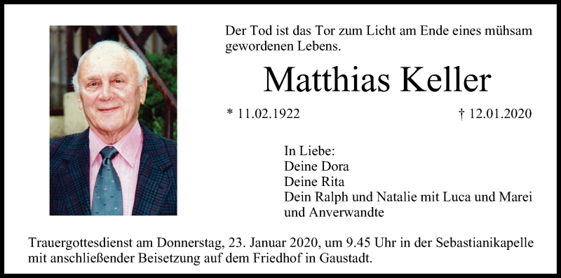  Traueranzeige für Matthias Keller vom 18.01.2020 aus MGO