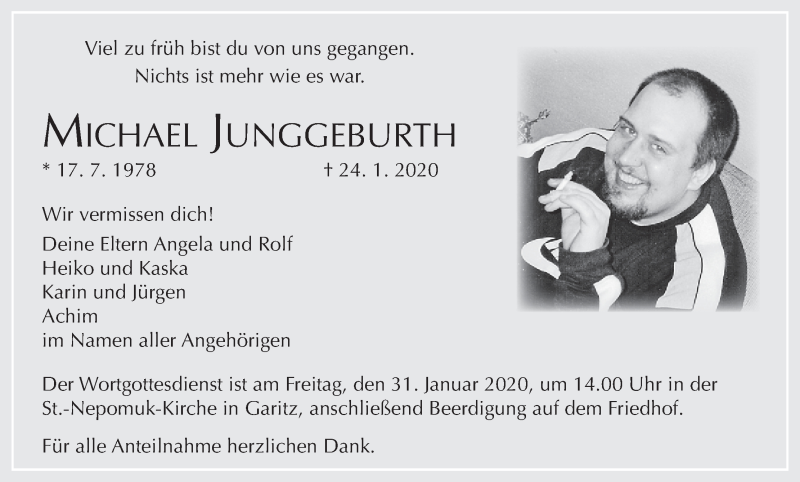  Traueranzeige für Michael Junggeburth vom 29.01.2020 aus MGO