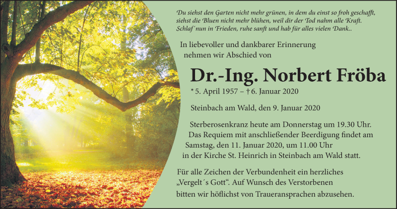  Traueranzeige für Norbert Fröba vom 09.01.2020 aus MGO