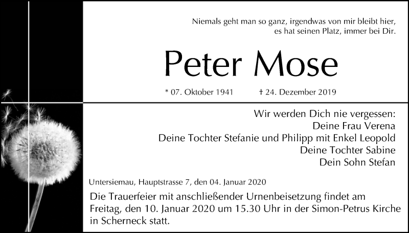  Traueranzeige für Peter Mose vom 04.01.2020 aus MGO