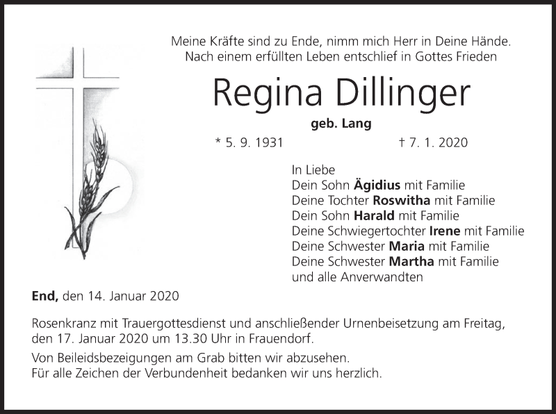  Traueranzeige für Regina Dillinger vom 14.01.2020 aus MGO