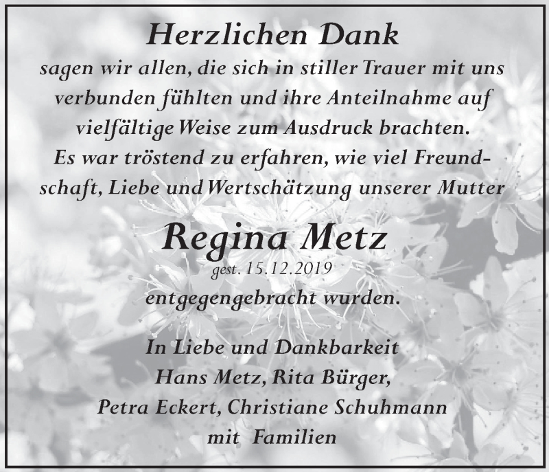  Traueranzeige für Regina Metz vom 11.01.2020 aus MGO