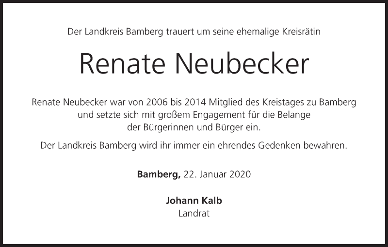  Traueranzeige für Renate Neubecker vom 22.01.2020 aus MGO
