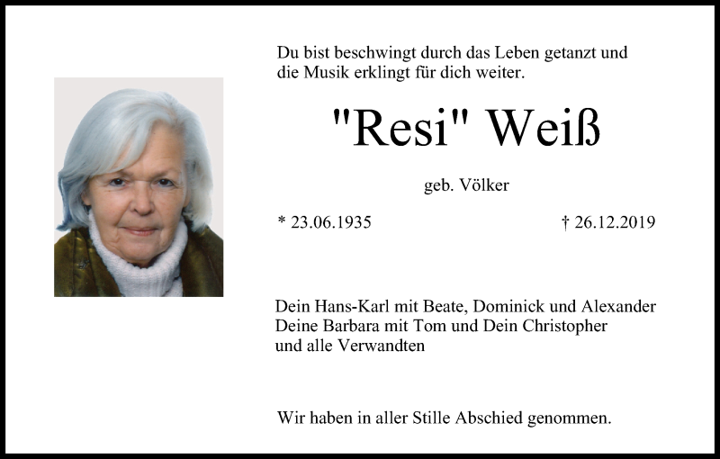  Traueranzeige für Resi Weiß vom 22.01.2020 aus MGO