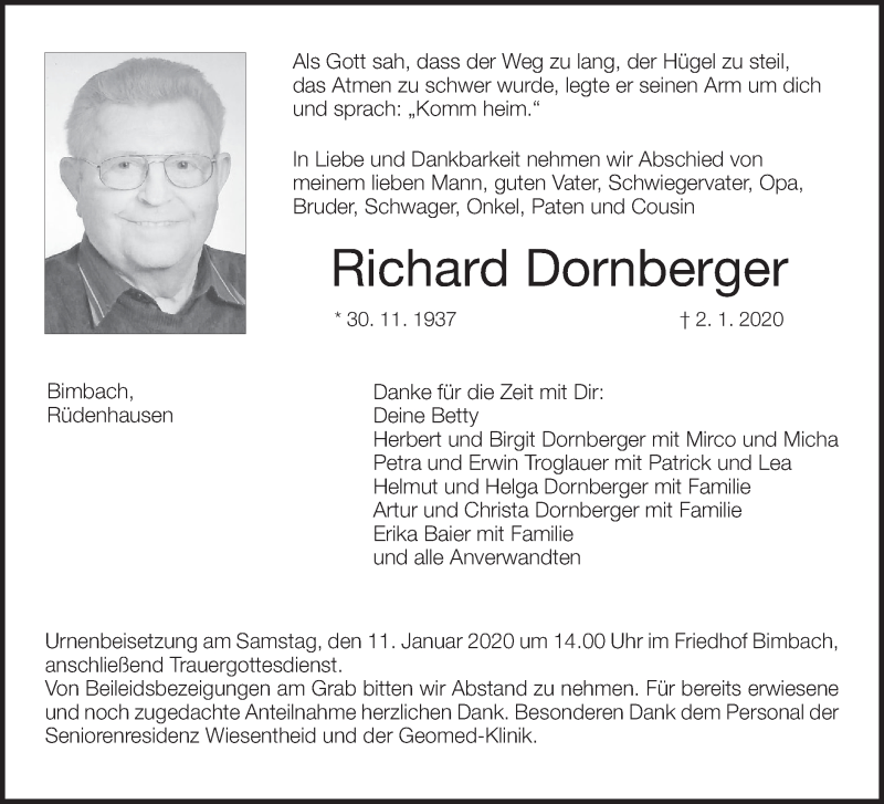  Traueranzeige für Richard Dornberger vom 07.01.2020 aus MGO