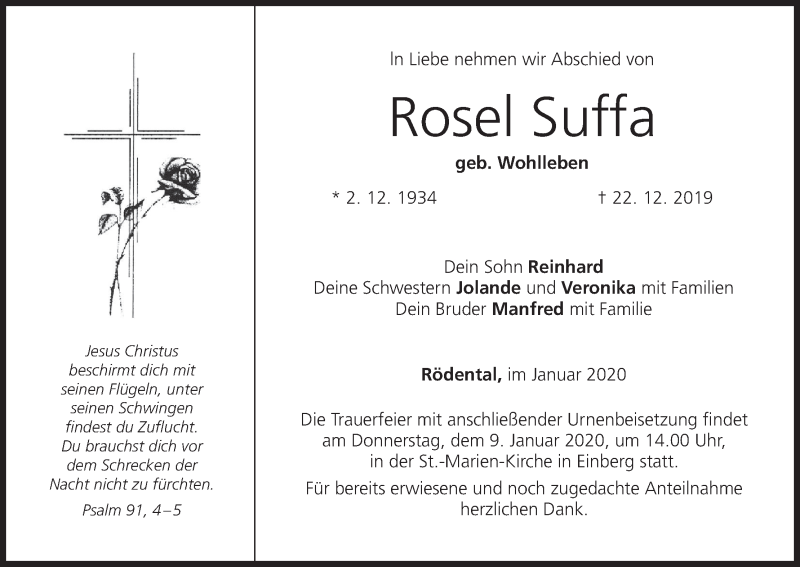  Traueranzeige für Rosel Suffa vom 04.01.2020 aus MGO
