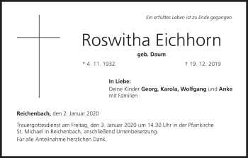 Anzeige von Roswitha Eichhorn von MGO