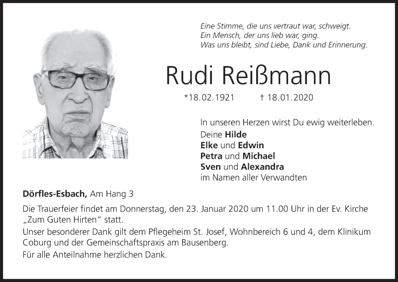  Traueranzeige für Rudi Reißmann vom 21.01.2020 aus MGO