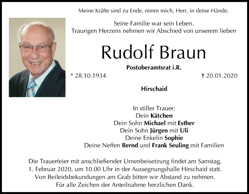 Traueranzeige für Rudolf Braun vom 29.01.2020 aus MGO