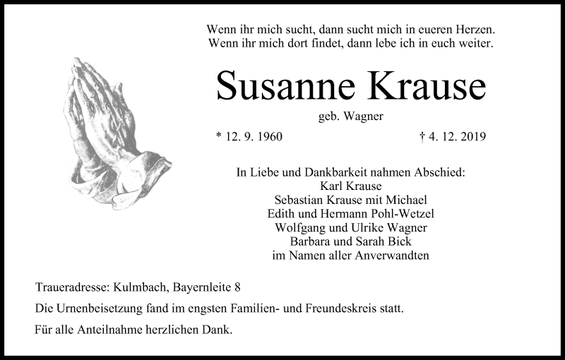  Traueranzeige für Susanne Krause vom 21.01.2020 aus MGO