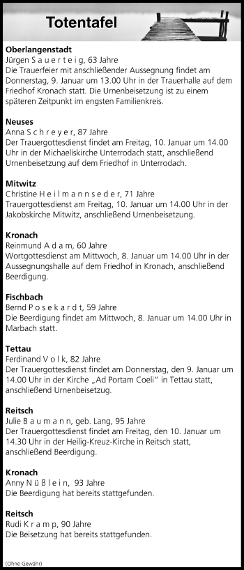 Anzeige von Totentafel vom 08.01.2020 von MGO