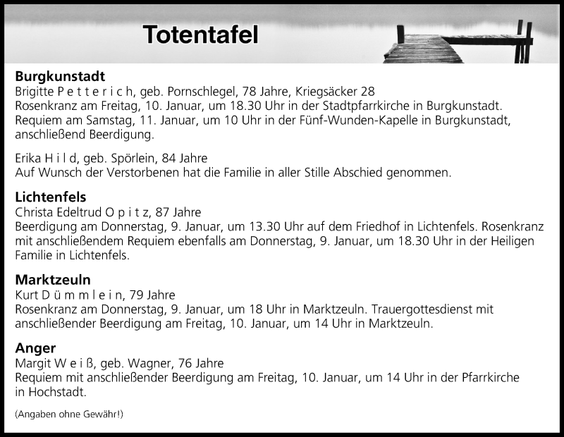  Traueranzeige für Totentafel vom 09.01.2020 vom 09.01.2020 aus MGO