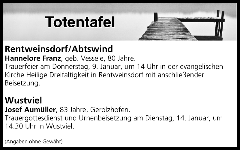 Traueranzeige für Totentafel vom 09.01.2020 vom 09.01.2020 aus MGO
