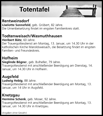 Anzeige von Totentafel vom 11.01.2020 von MGO
