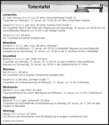 Anzeige von Totentafel vom 14.01.2020 von MGO