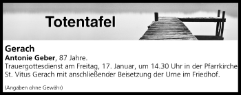Anzeige von Totentafel vom 15.01.2020 von MGO