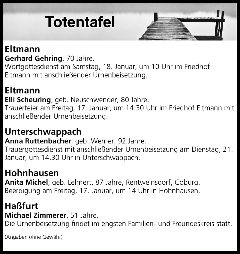  Traueranzeige für Totentafel vom 16.01.2020 vom 16.01.2020 aus MGO