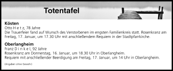 Anzeige von Totentafel vom 16.01.2020 von MGO