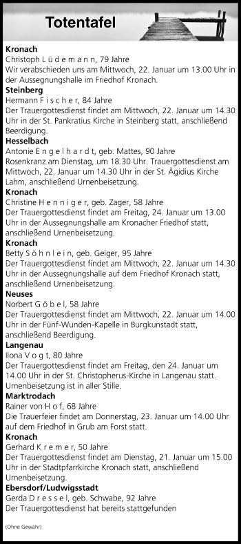 Anzeige von Totentafel vom 21.01.2020 von MGO