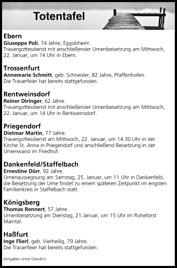 Anzeige von Totentafel vom 21.01.2020 von MGO