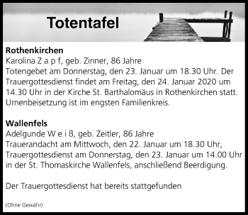 Anzeige von Totentafel vom 22.01.2020 von MGO