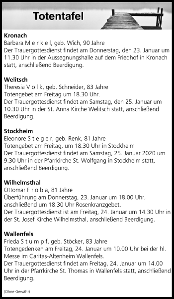 Anzeige von Totentafel vom 23.01.2020 von MGO