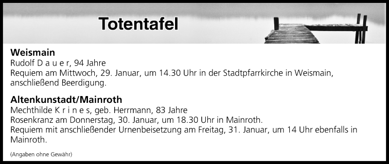  Traueranzeige für Totentafel vom 29.01.2020 vom 29.01.2020 aus MGO
