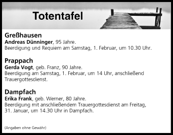 Anzeige von Totentafel vom 31.01.2020 von MGO