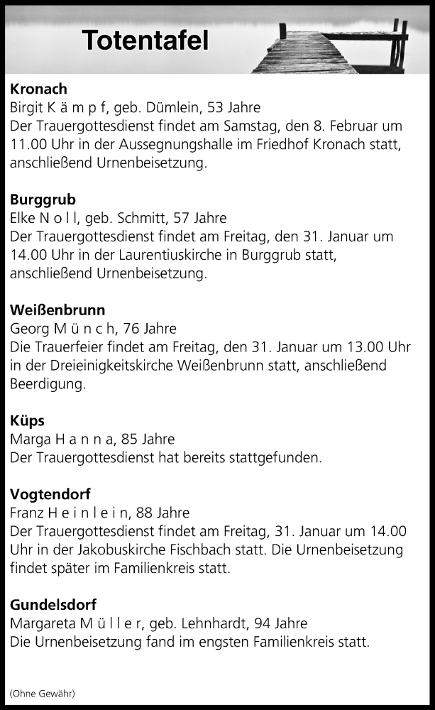  Traueranzeige für Totentafel vom 31.01.2020 vom 31.01.2020 aus MGO