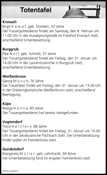 Anzeige von Totentafel vom 31.01.2020 von MGO