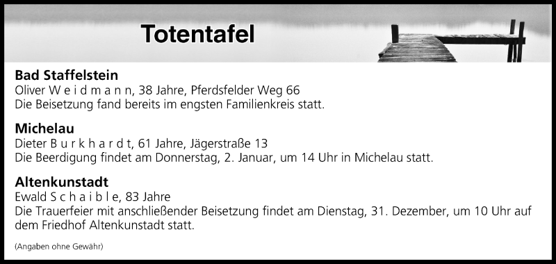  Traueranzeige für Totentafel vom 31.12.2019 vom 31.12.2019 aus MGO