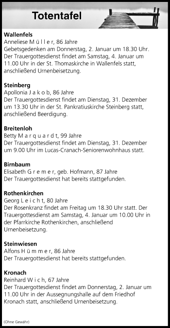 Anzeige von Totentafel vom 31.12.2019 von MGO