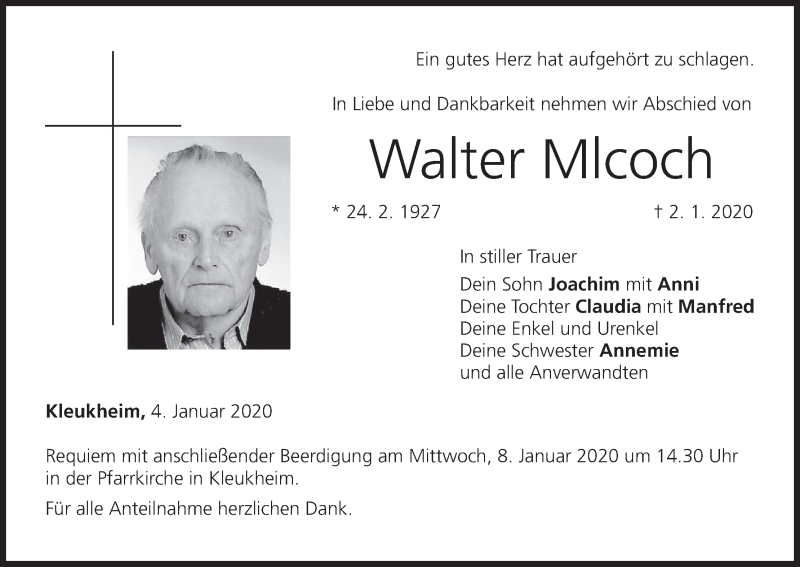  Traueranzeige für Walter Mlcoch vom 04.01.2020 aus MGO