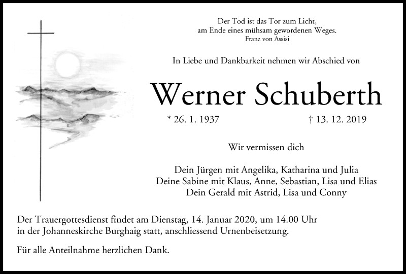  Traueranzeige für Werner Schuberth vom 11.01.2020 aus MGO