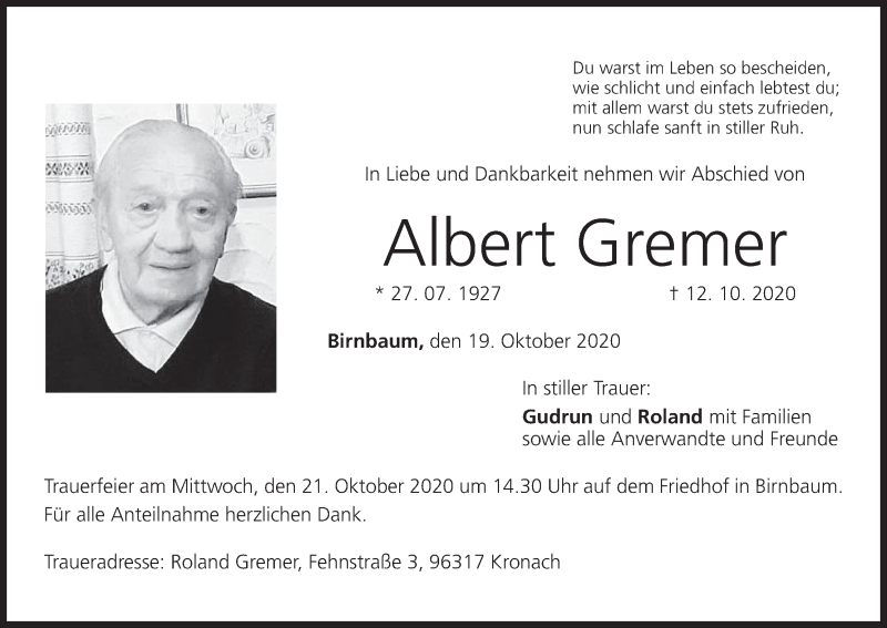  Traueranzeige für Albert Gremer vom 19.10.2020 aus MGO