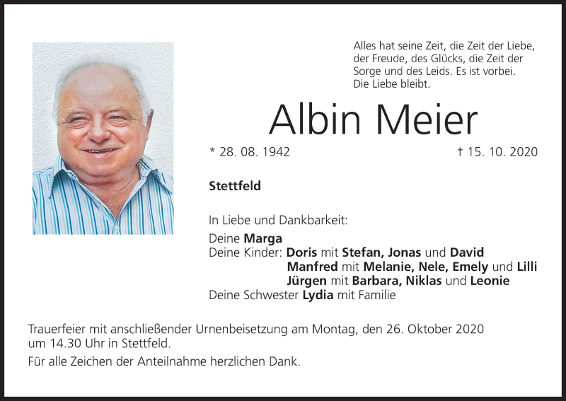  Traueranzeige für Albin Meier vom 23.10.2020 aus MGO