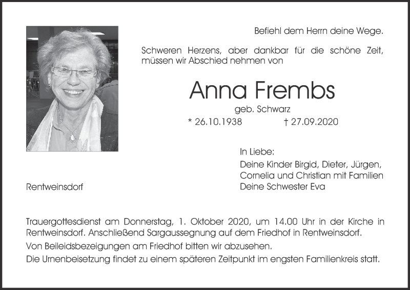  Traueranzeige für Anna Frembs vom 30.09.2020 aus MGO