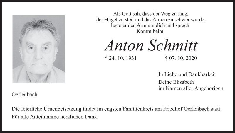  Traueranzeige für Anton Schmitt vom 13.10.2020 aus MGO