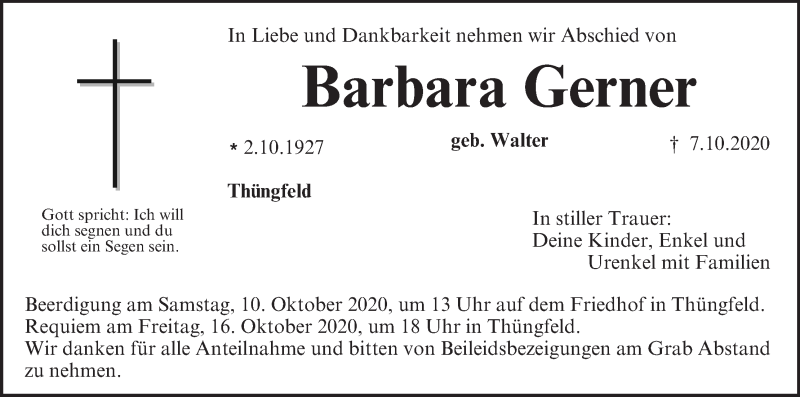  Traueranzeige für Barbara Gerner vom 10.10.2020 aus MGO