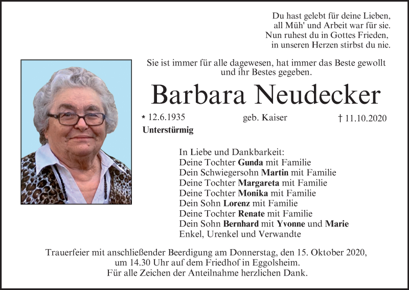 Traueranzeige für Barbara Neudecker vom 14.10.2020 aus MGO